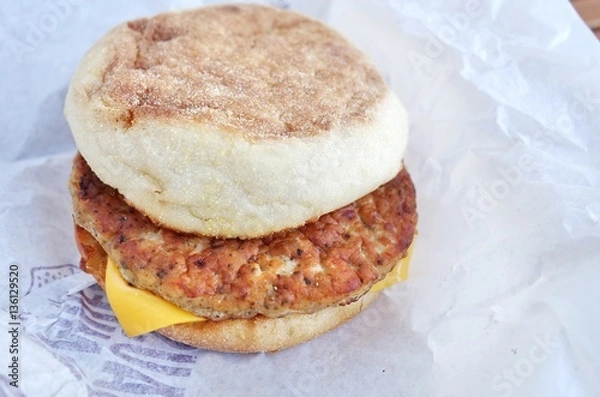 Obraz english Muffin for breakfast with  Cheese and Sausage