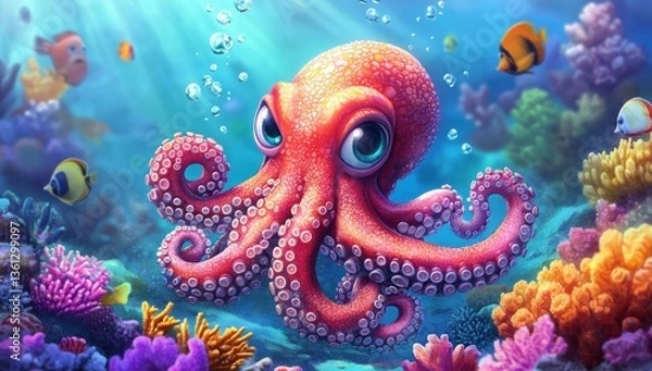 Obraz a vibrant cartoon octopus amidst a coral reef teeming with life showcasing vivid colors and enchanting details in a whimsical underwater scene