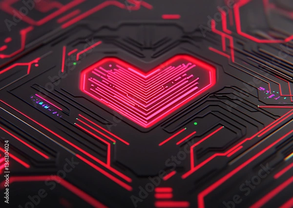 Fototapeta Digital Circuit Board Heart Shape Glowing Red Cyber Love Electronic Motherboard Tech Design
