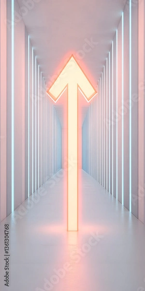 Fototapeta Directional Guidance Neon Arrow in Minimalist Corridor Setting Indicating Progress and Future Orientation