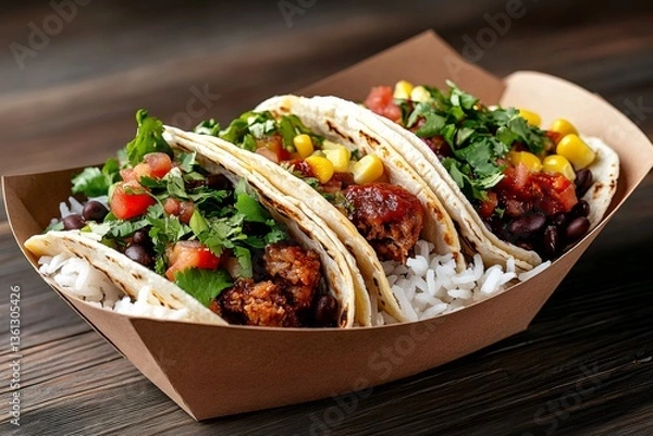 Fototapeta Mexican tacos with ground meat, vegetables, rice and black beans resting in cardboard container
