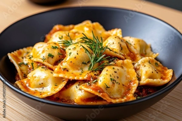 Fototapeta Ravioli pasta with tomato sauce, parmesan cheese and dill garnish, served in a black bowl
