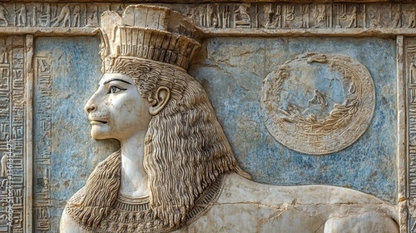 Fototapeta The Mesopotamian goddess Ishtar, standing proudly on a lion, exudes power and grace