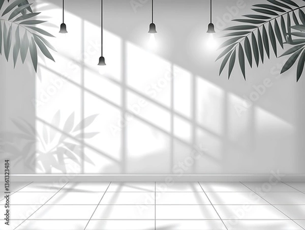 Obraz Minimalist Interior with Leaf Shadow, Modern Lighting and Tiled Flooring