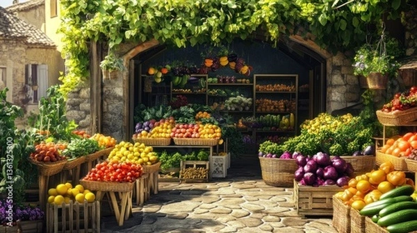 Fototapeta Colorful outdoor produce market with fresh fruits and vegetables displayed on wooden crates in a charming European village setting.