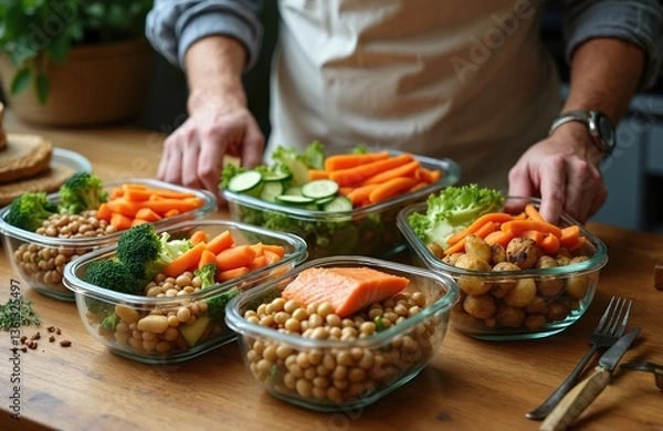 Fototapeta Man preparing homemade meal prep with nutritious meals in containers. Healthy food portions of vegetables, chickpeas, salmon, potatoes on wood table. Diet, home cooking, lifestyle.