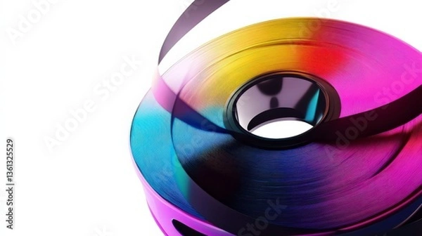 Obraz Vibrant Reel with Unraveling Ribbon on White Background