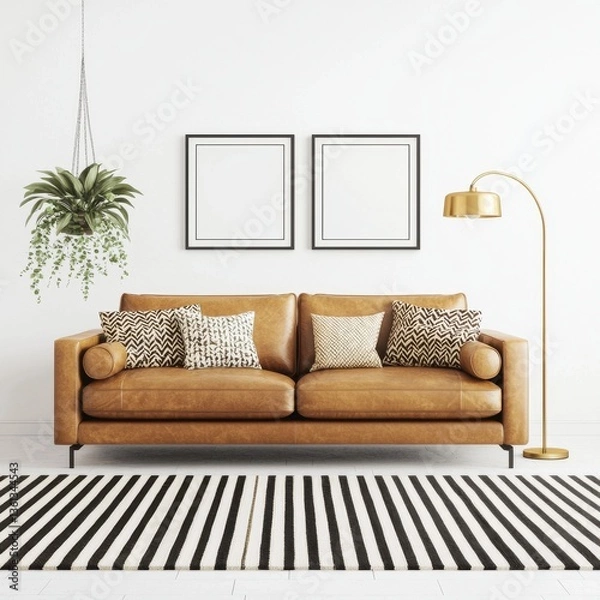 Fototapeta Cozy Living Room with Stylish Brown Sofa and Minimalist Decor Elements
