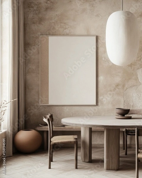 Fototapeta Minimalist dining room interior with blank canvas, wooden table, and chairs.