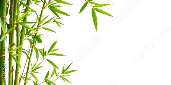 Fototapeta Vibrant green bamboo leaves & shoots border a pristine white backdrop, minimal, element