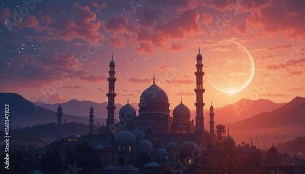 Obraz mosque at sunset mosque eid Mubarak greeting card background