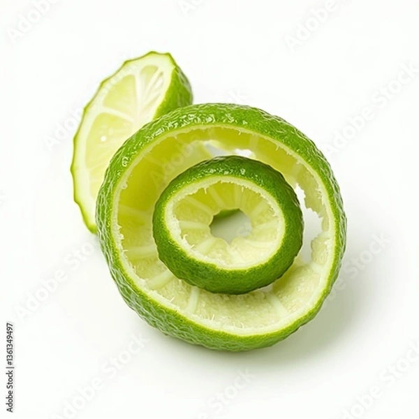 Fototapeta Fresh lime fruit peel isolated on a white background. Curly lime twist, selective focus