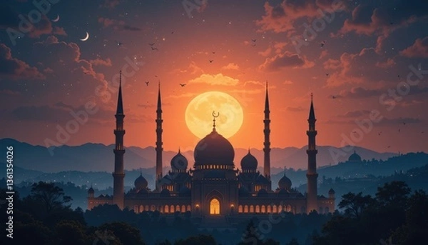 Obraz mosque at sunset mosque eid Mubarak greeting card background