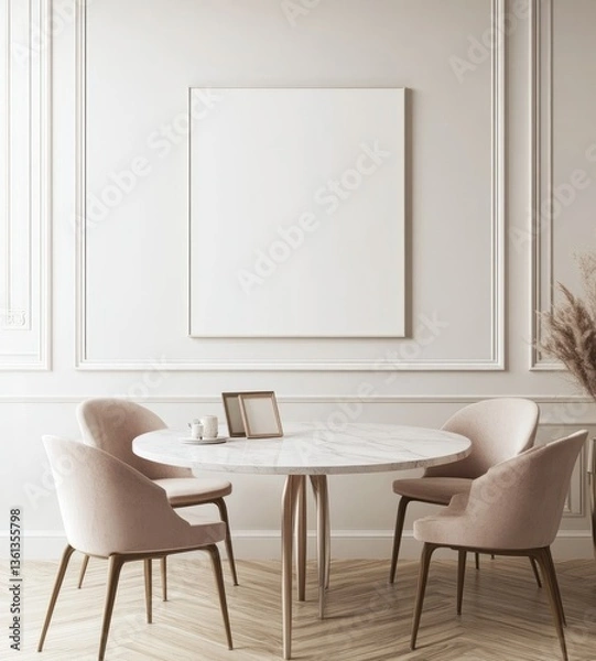 Fototapeta Minimalist dining room with round marble table, pink chairs, and blank canvas.