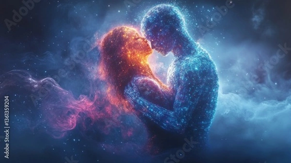 Fototapeta A couple embracing, their bodies composed of glowing particles, in a celestial scene filled with ethereal light and smoke.