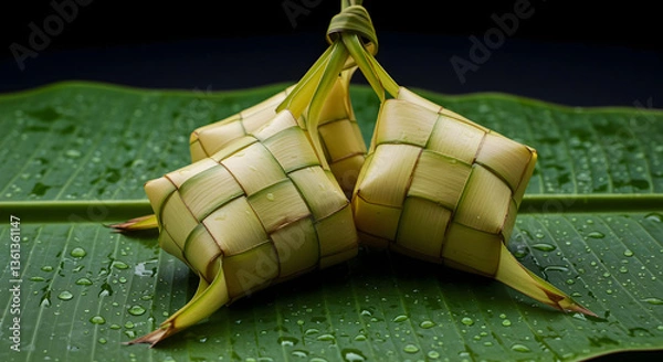Obraz Close-up studio shot of two ketupat on a banana leaf