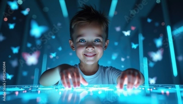 Obraz Boy surrounded by holograms and nanotechnology. Digitalization.