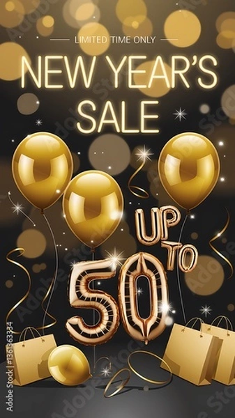 Fototapeta Modern New Year’s Sale promotional design. elegant golden balloons stylish typography shimmering confetti, soft bokeh background, bold 50 percent off discount text for luxurious holiday shopping event