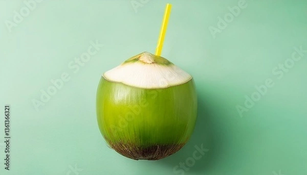 Obraz Juicy green coconut with a yellow straw, fresh from the tree, tropical vibes, summer isolated on the green background