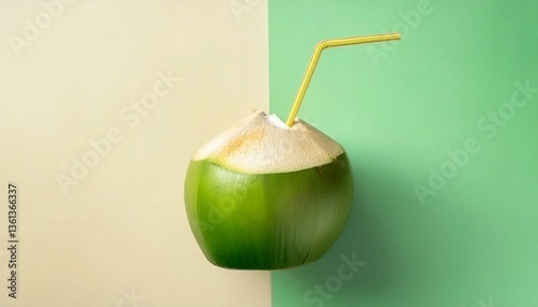 Obraz Summer juicy green coconut with a vibrant straw tropical vibes refreshing isolate on pastel color background