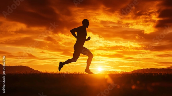 Obraz Overcome Stamina Breakthrough, an ultra-marathon runner silhouetted against a sunrise, pushing forward despite exhaustion, raw and emotional