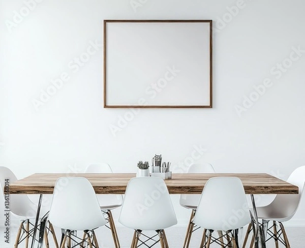 Fototapeta Minimalist dining room with wooden table and white chairs, blank frame on wall.