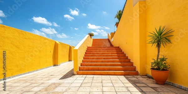 Fototapeta An outdoor staircase bordered by vibrant yellow walls with smooth surfaces, leading up to an elevated platform