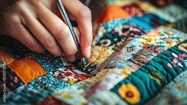 Obraz A person uses metal tools to mend the colorful quilt