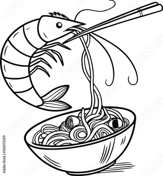 Fototapeta a-shrimp-jumping-out-of-a-noodle-bowl-in-fine-stro 