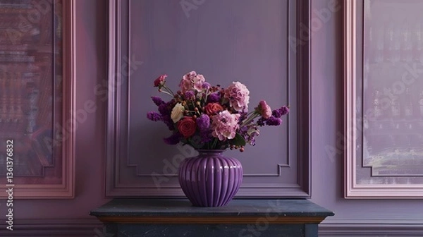 Obraz A bold purple frame, highlighting a stunning cachepot vase with its rich color, designed to elevate the aesthetic of any interior space with sophistication against a smooth, neutral background. 