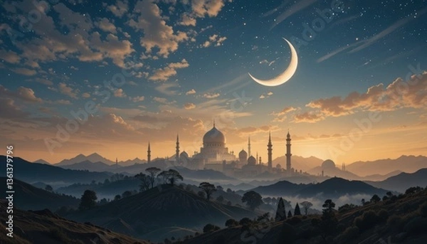 Obraz sunset in the mountains eid Mubarak greeting card background