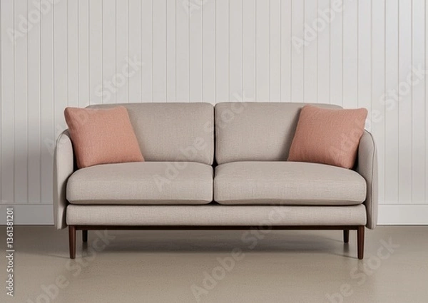 Fototapeta Modern beige sofa with two cushions in stylish interior setting