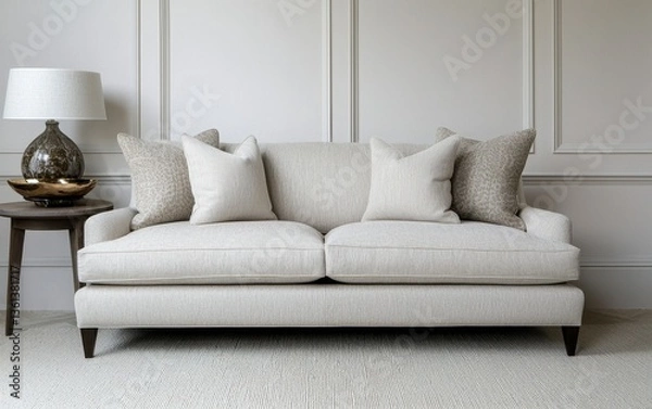 Fototapeta Elegant Cream Sofa with Decorative Pillows in Modern Living Room