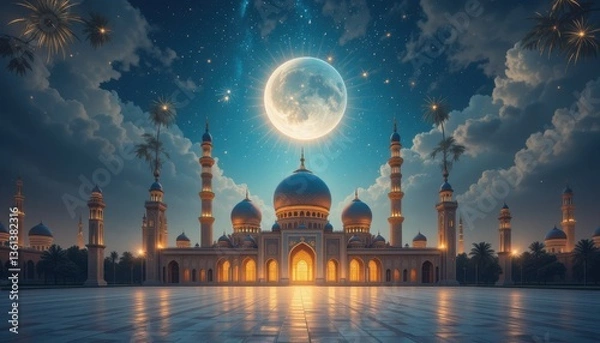 Obraz mosque in the night eid Mubarak greeting card background