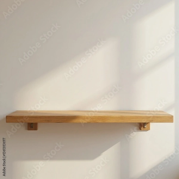 Fototapeta "Vacant Bamboo Shelf Against Neutral Wall: Perfect for Showcasing Decorative Items in Natural Light for Placement Product"