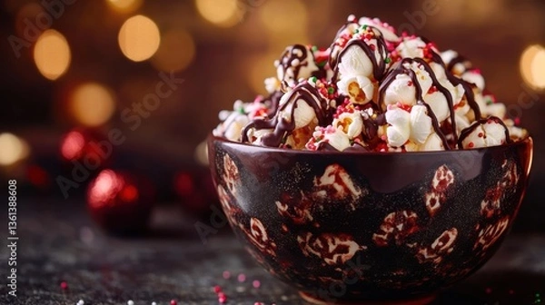 Obraz Delicious Chocolate Drizzled Popcorn Bowl with Festive Sprinkles and Holiday Decorations in Background