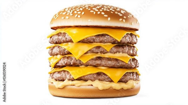 Fototapeta A high-resolution close-up shot of a quadruple cheeseburger against a pure white background. The burger features four stacked beef patties, each layered with melted cheese slices. A generous amount
