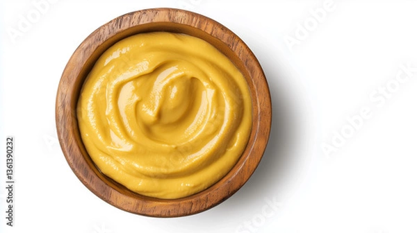 Fototapeta High-angle, close-up shot of a wooden bowl filled with a creamy, yellow sauce. The sauce has a smooth, swirling texture with a slightly glossy appearance. The bowl is round and made of light brown