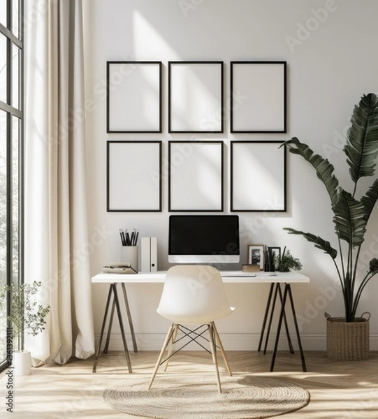 Fototapeta Minimalist home office with white desk, computer, and six frames.