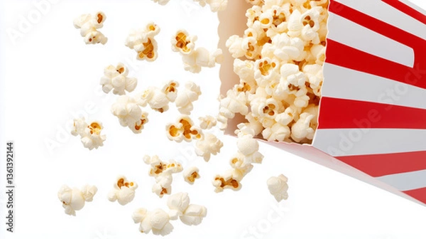 Fototapeta High-angle, close-up shot of popcorn spilling from a classic red and white striped box against a pure white background.  The popcorn kernels exhibit a range of textures and tones, from light beige to