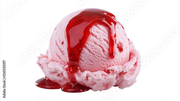 Fototapeta Close-up shot of a single scoop of pale pink strawberry ice cream. The ice cream is slightly rounded and textured, with a glossy appearance. A generous amount of rich, dark pink strawberry sauce or