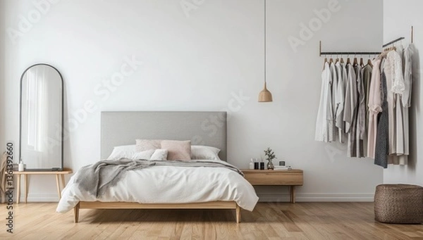 Fototapeta Minimalist bedroom interior with bed, clothes rack, and mirror.