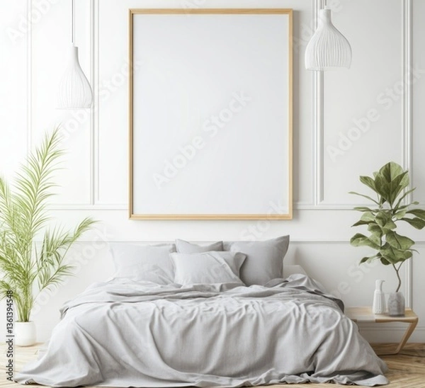 Fototapeta Minimalist bedroom interior with empty frame mockup. (1)