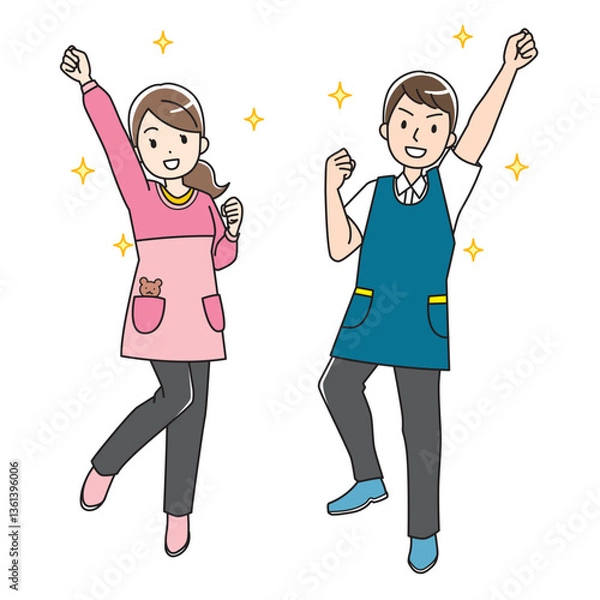 Obraz 元気な若いエプロン姿の男女のカラーイラスト