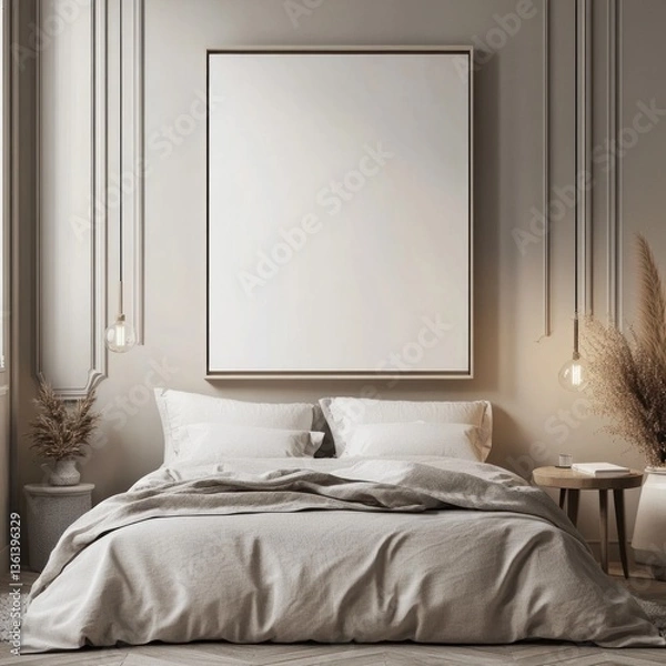 Fototapeta Minimalist bedroom interior with large blank canvas above bed.