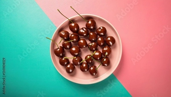 Obraz Chocolate covered cherries sweet indulgence isolated on the graphic pastel color background