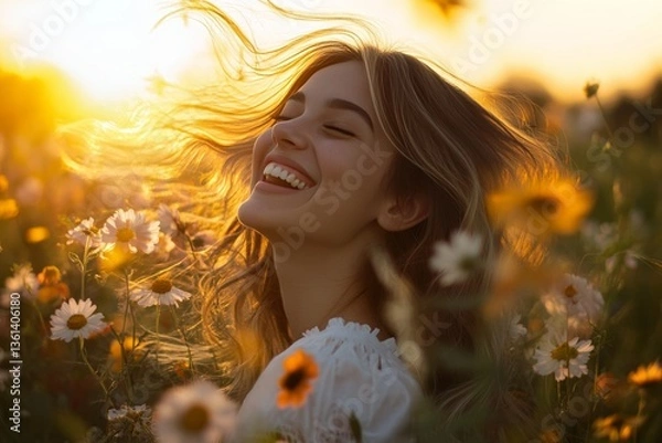 Fototapeta A joyful young woman laughing uncontrollably in a field of wildflowers during golden hour, her hair gently flowing in the breeze.