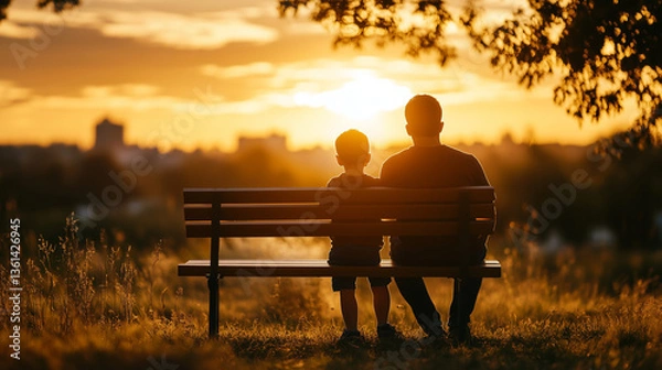 Fototapeta Father and son sharing a quiet moment on a park bench, silhouetted against a golden sunset, symbolizing timeless family bonds.