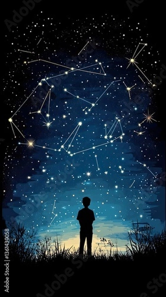 Obraz Silhouette of person looking at constellations in the night sky