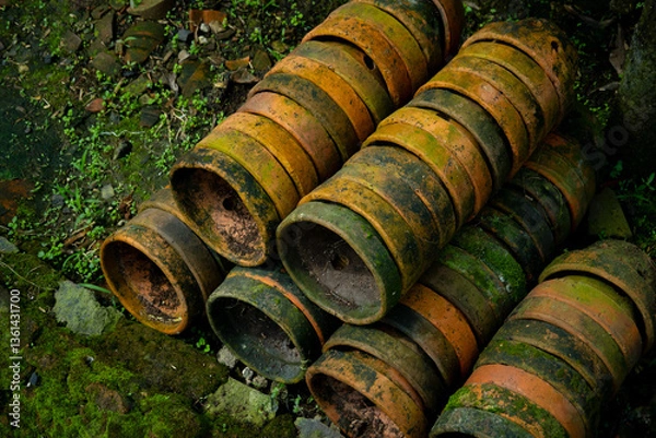 Fototapeta Pile of old terracotta plant pots covered with moss, with shallow depth of field